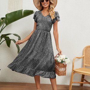 Black Leopard printed V-Neck Flutter Sleeve Dress